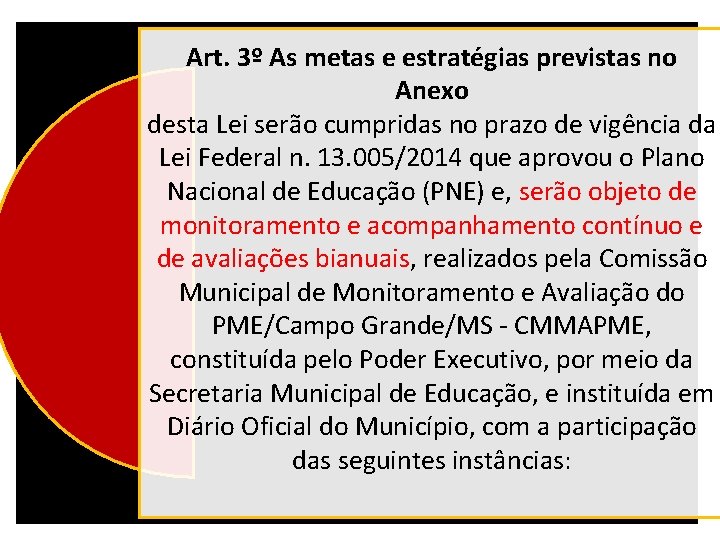 Art. 3º As metas e estratégias previstas no Anexo desta Lei serão cumpridas no