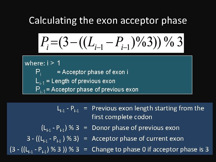 Calculating the exon acceptor phase where: i > 1 Pi = Acceptor phase of