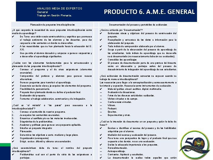 ANALISIS MESA DE EXPERTOS General PRODUCTO 6. A. M. E. GENERAL Trabajo en Sesión ANALISIS MESA DE EXPERTOS General PRODUCTO 6. A. M. E. GENERAL Trabajo en Sesión
