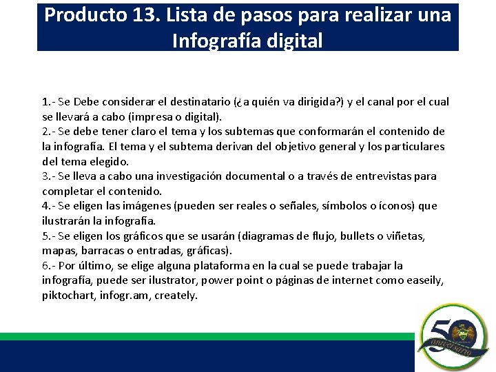 Producto 13. Lista de pasos para realizar una Infografía digital 1. - Se Debe Producto 13. Lista de pasos para realizar una Infografía digital 1. - Se Debe