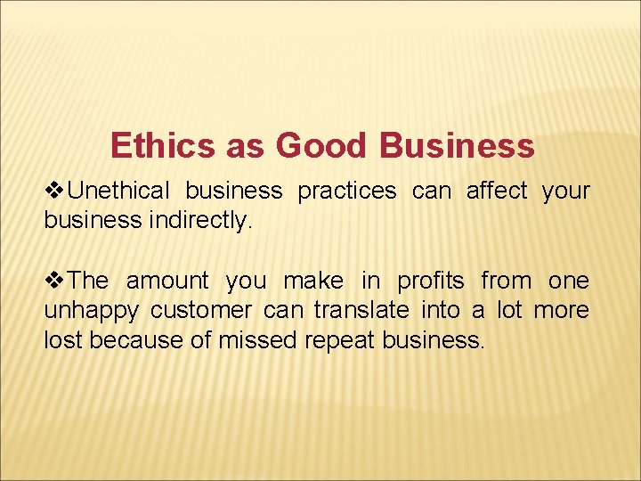 Ethics as Good Business v. Unethical business practices can affect your business indirectly. v.