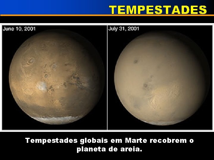 Tempestades globais em Marte recobrem o planeta de areia. 