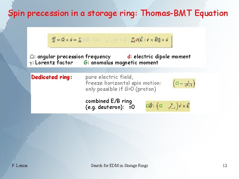 Spin precession in a storage ring: Thomas-BMT Equation W: angular precession frequency d: electric