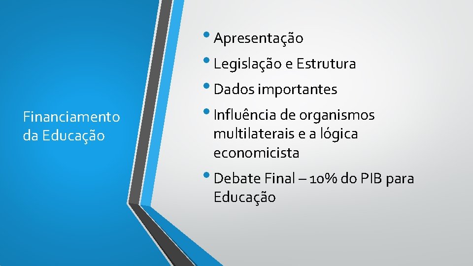 Financiamento da Educação • Apresentação • Legislação e Estrutura • Dados importantes • Influência