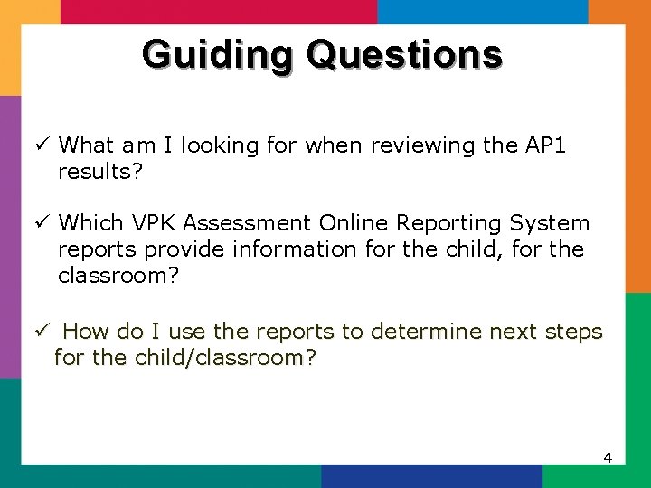 Guiding Questions ü What am I looking for when reviewing the AP 1 results?