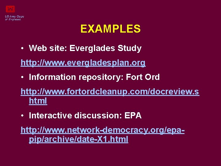 EXAMPLES • Web site: Everglades Study http: //www. evergladesplan. org • Information repository: Fort