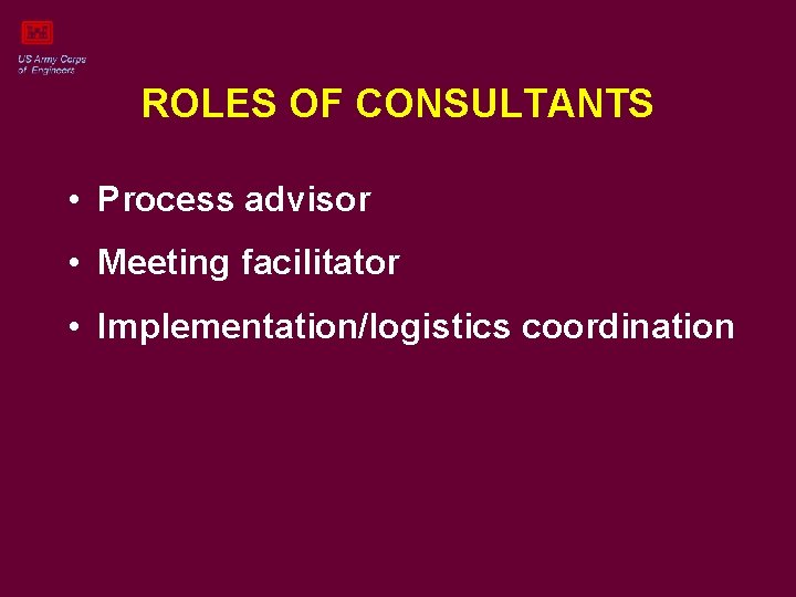 ROLES OF CONSULTANTS • Process advisor • Meeting facilitator • Implementation/logistics coordination 