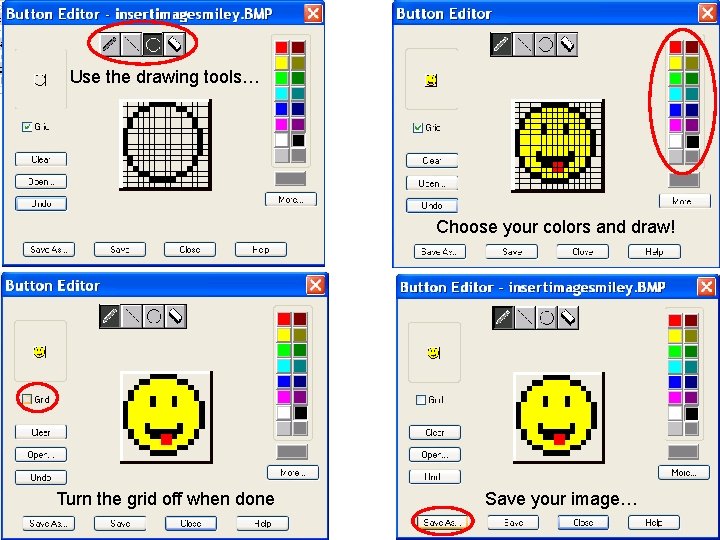 Use the drawing tools… Choose your colors and draw! Turn the grid off when