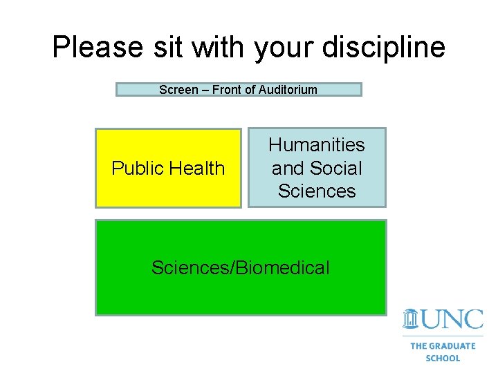 Please sit with your discipline Screen – Front of Auditorium Public Health Humanities and