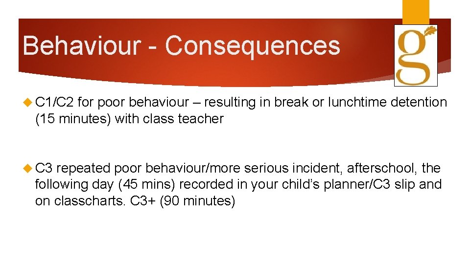 Behaviour - Consequences C 1/C 2 for poor behaviour – resulting in break or