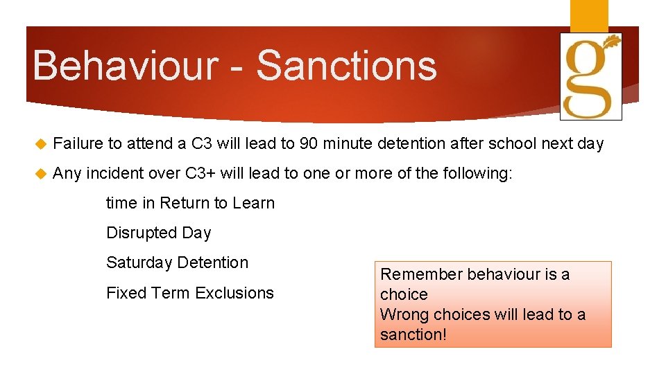 Behaviour - Sanctions Failure to attend a C 3 will lead to 90 minute