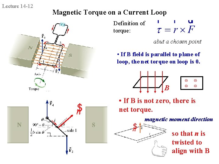 Lecture 14 -12 Magnetic Torque on a Current Loop Definition of torque: abut a