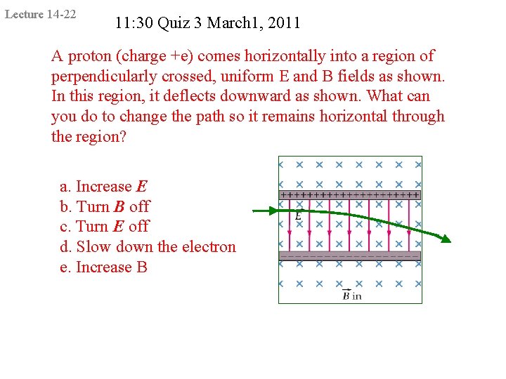 Lecture 14 -22 11: 30 Quiz 3 March 1, 2011 A proton (charge +e)