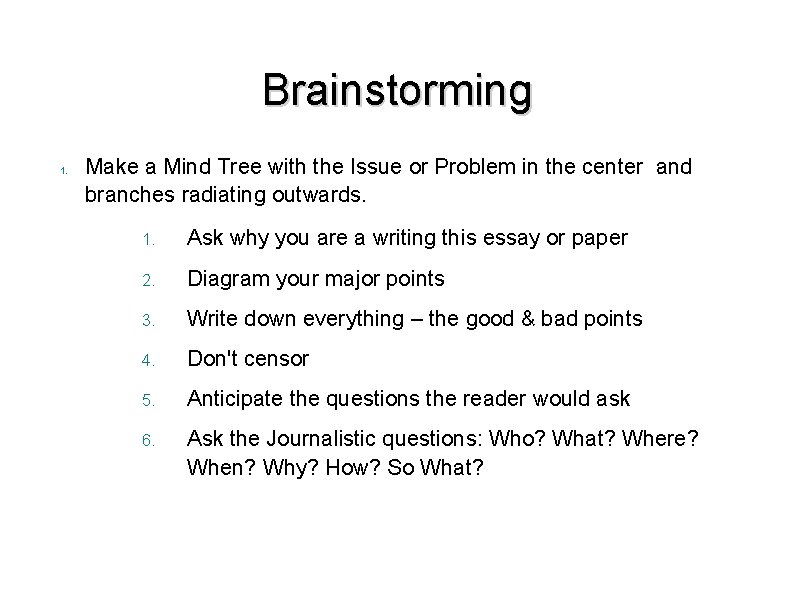 Brainstorming 1. Make a Mind Tree with the Issue or Problem in the center