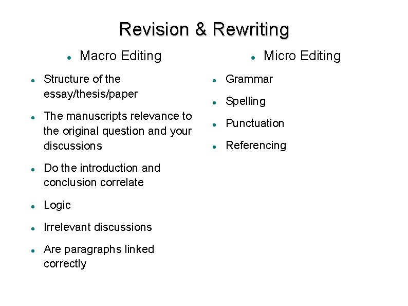 Revision & Rewriting Macro Editing Structure of the essay/thesis/paper The manuscripts relevance to the