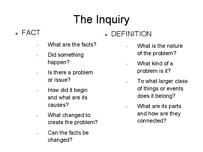 The Inquiry FACT DEFINITION What are the facts? Did something happen? What is the