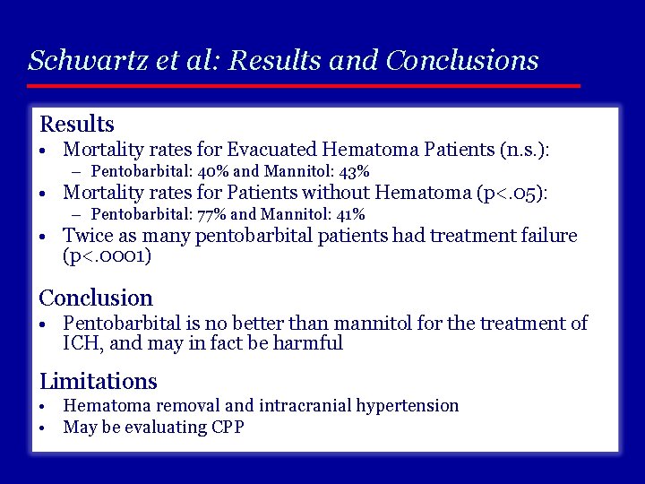 Schwartz et al: Results and Conclusions Results • Mortality rates for Evacuated Hematoma Patients