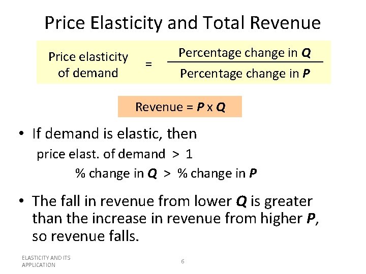 Price Elasticity and Total Revenue Price elasticity of demand = Percentage change in Q