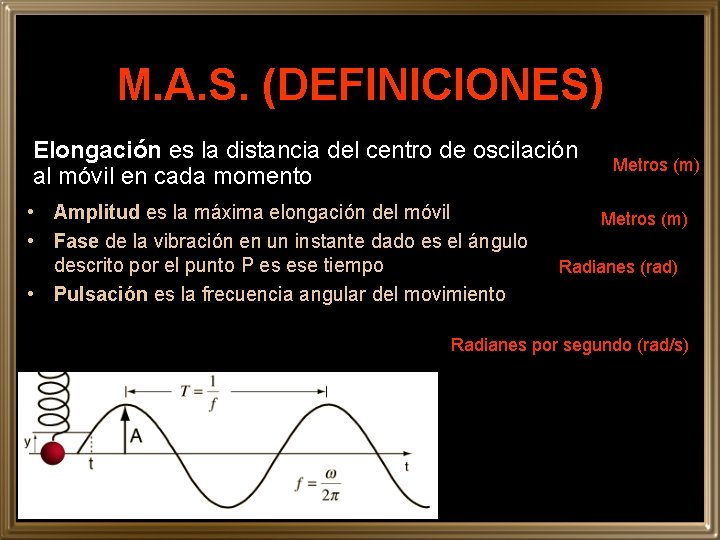 M. A. S. (DEFINICIONES) Elongación es la distancia del centro de oscilación al móvil