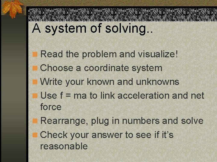 A system of solving. . n Read the problem and visualize! n Choose a