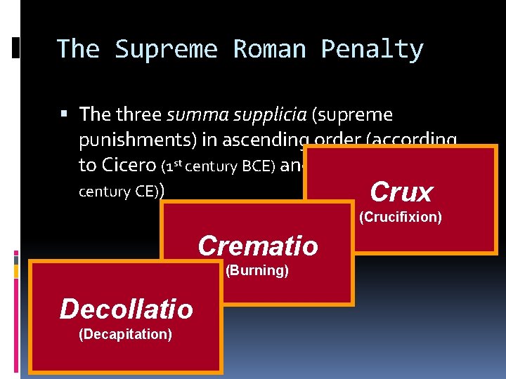 The Supreme Roman Penalty The three summa supplicia (supreme punishments) in ascending order (according