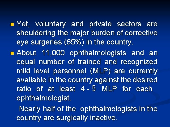 Yet, voluntary and private sectors are shouldering the major burden of corrective eye surgeries Yet, voluntary and private sectors are shouldering the major burden of corrective eye surgeries