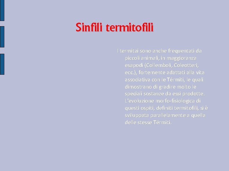 Sinfili termitofili I termitai sono anche frequentati da piccoli animali, in maggioranza esapodi (Collemboli, Sinfili termitofili I termitai sono anche frequentati da piccoli animali, in maggioranza esapodi (Collemboli,