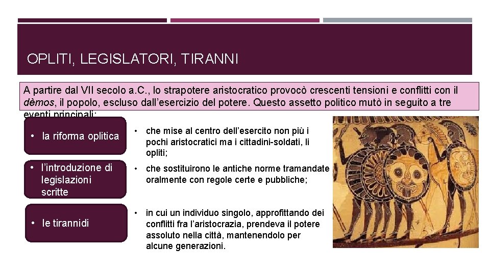 OPLITI, LEGISLATORI, TIRANNI A partire dal VII secolo a. C. , lo strapotere aristocratico