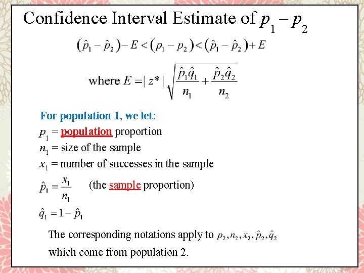 Confidence Interval Estimate of p 1 – p 2 For population 1, we let: