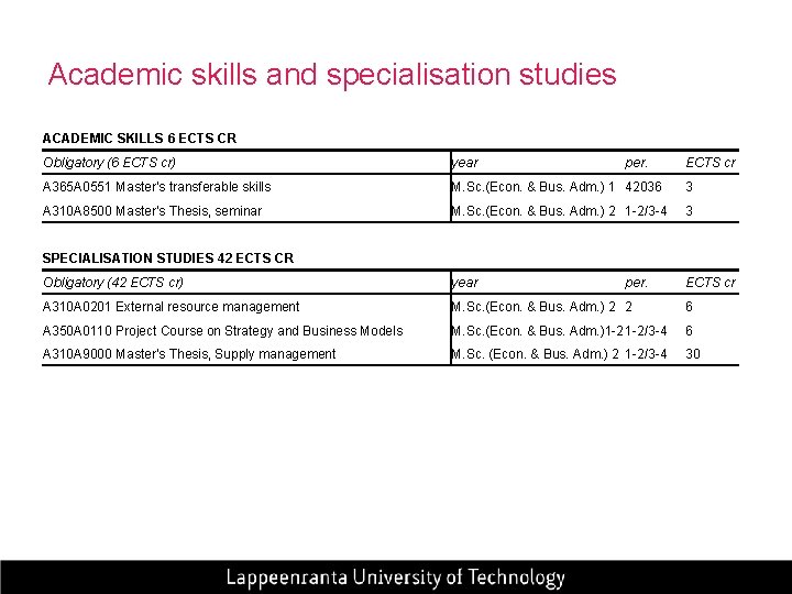 Academic skills and specialisation studies ACADEMIC SKILLS 6 ECTS CR Obligatory (6 ECTS cr)