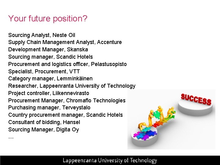 Your future position? Sourcing Analyst, Neste Oil Supply Chain Management Analyst, Accenture Development Manager,