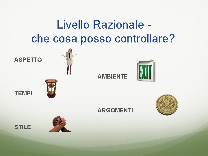 Livello Razionale che cosa posso controllare? ASPETTO AMBIENTE TEMPI ARGOMENTI STILE 