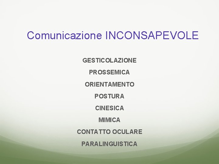 Comunicazione INCONSAPEVOLE GESTICOLAZIONE PROSSEMICA ORIENTAMENTO POSTURA CINESICA MIMICA CONTATTO OCULARE PARALINGUISTICA 