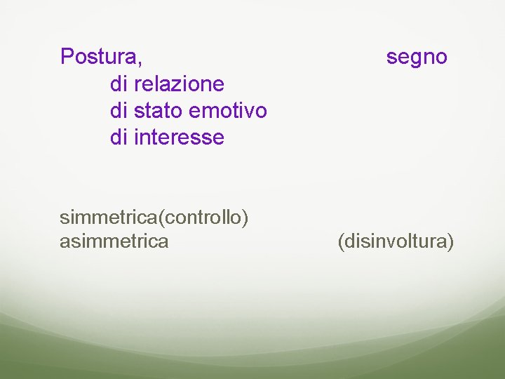 Postura, di relazione di stato emotivo di interesse simmetrica(controllo) asimmetrica segno (disinvoltura) 
