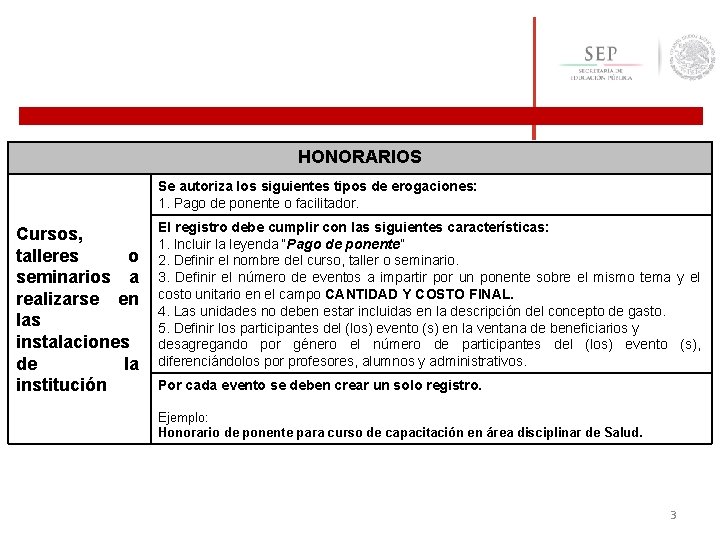 HONORARIOS Se autoriza los siguientes tipos de erogaciones: 1. Pago de ponente o facilitador.