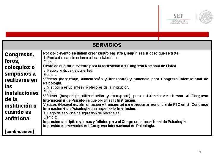 SERVICIOS Congresos, foros, coloquios o simposios a realizarse en las instalaciones de la institución