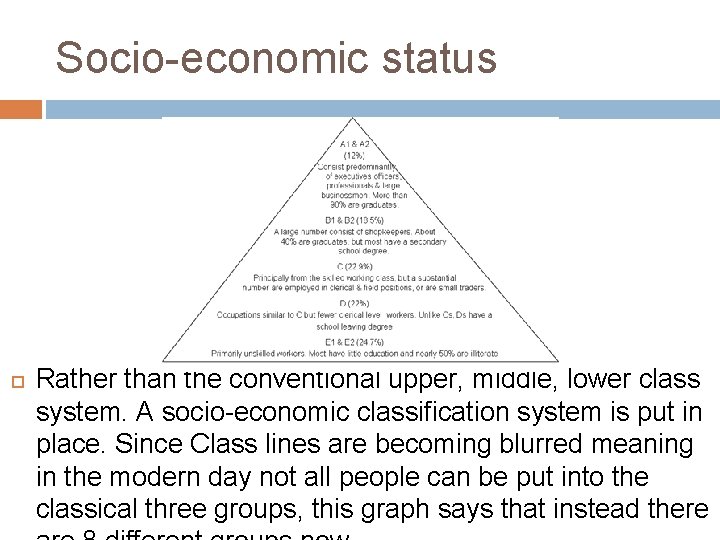 Socio-economic status Rather than the conventional upper, middle, lower class system. A socio-economic classification