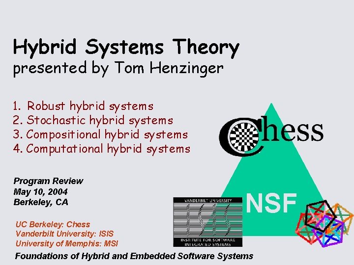 Hybrid Systems Theory presented by Tom Henzinger 1. Robust hybrid systems 2. Stochastic hybrid