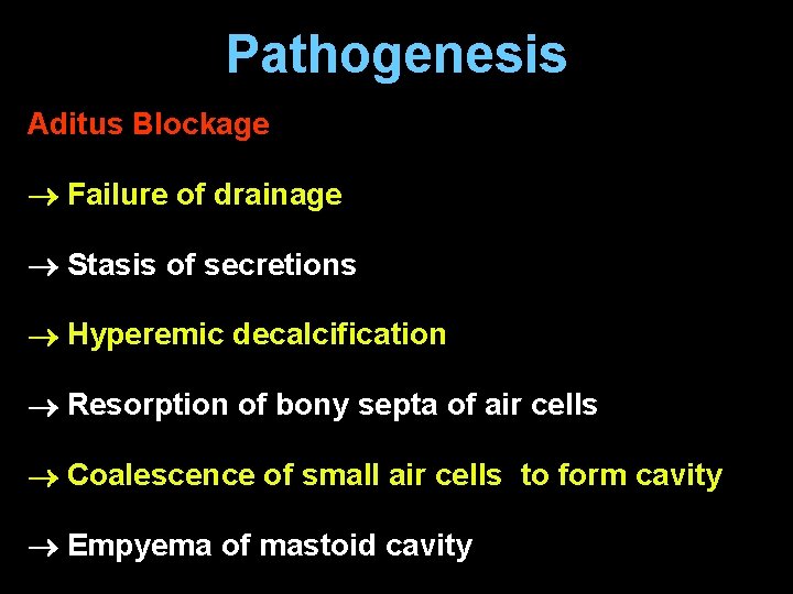 Pathogenesis Aditus Blockage Failure of drainage Stasis of secretions Hyperemic decalcification Resorption of bony