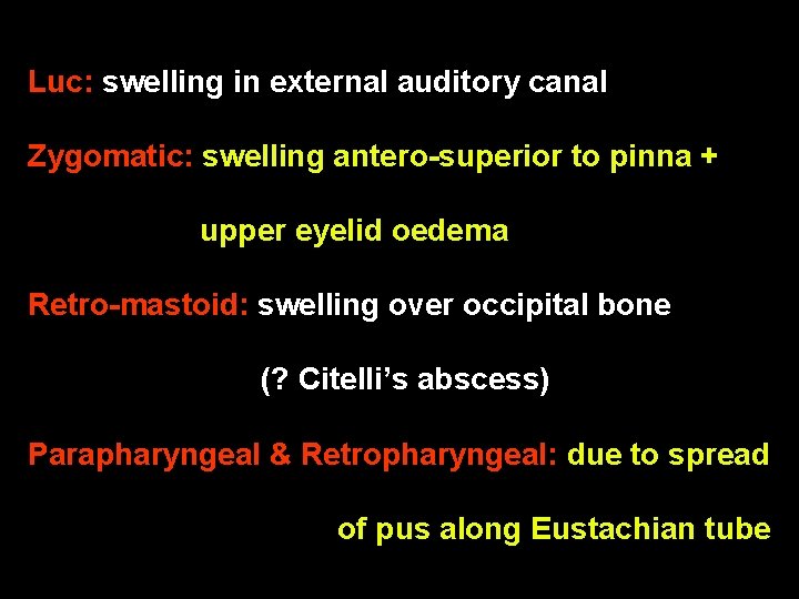Luc: swelling in external auditory canal Zygomatic: swelling antero-superior to pinna + upper eyelid