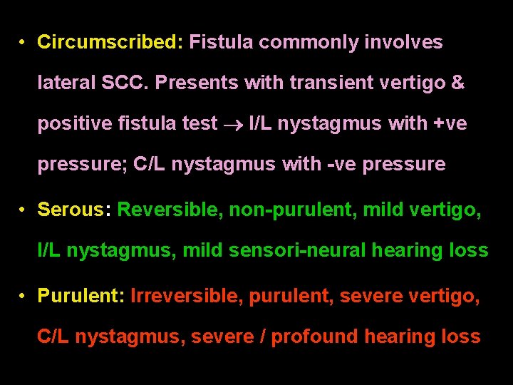  • Circumscribed: Fistula commonly involves lateral SCC. Presents with transient vertigo & positive