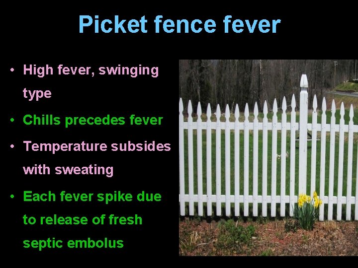 Picket fence fever • High fever, swinging type • Chills precedes fever • Temperature