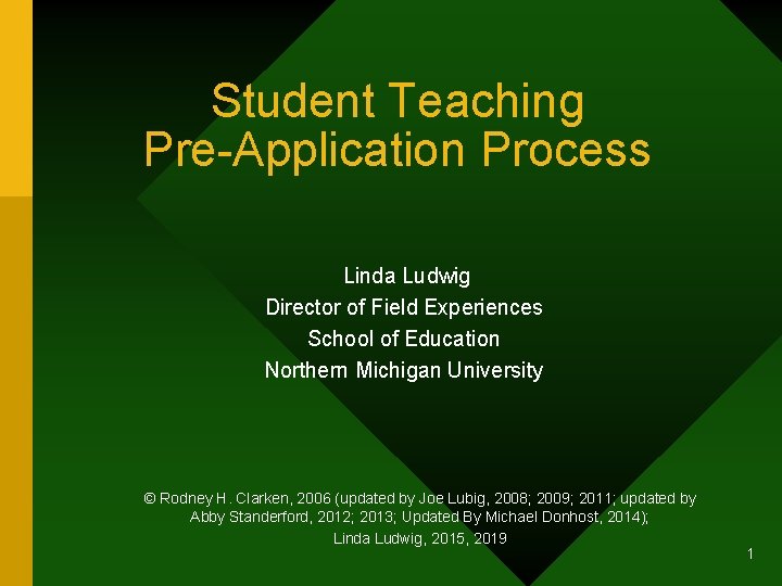 Student Teaching Pre-Application Process Linda Ludwig Director of Field Experiences School of Education Northern