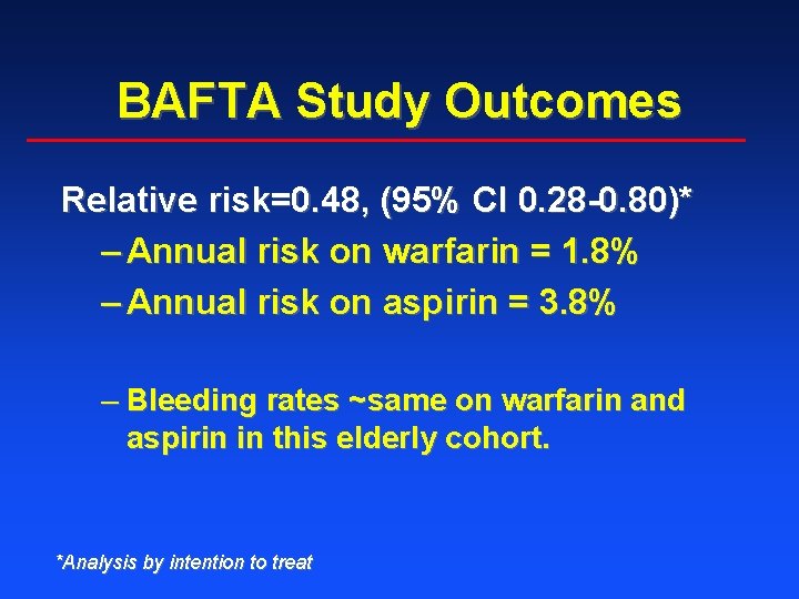 BAFTA Study Outcomes Relative risk=0. 48, (95% CI 0. 28 -0. 80)* – Annual