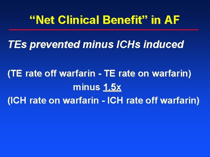 “Net Clinical Benefit” in AF TEs prevented minus ICHs induced (TE rate off warfarin