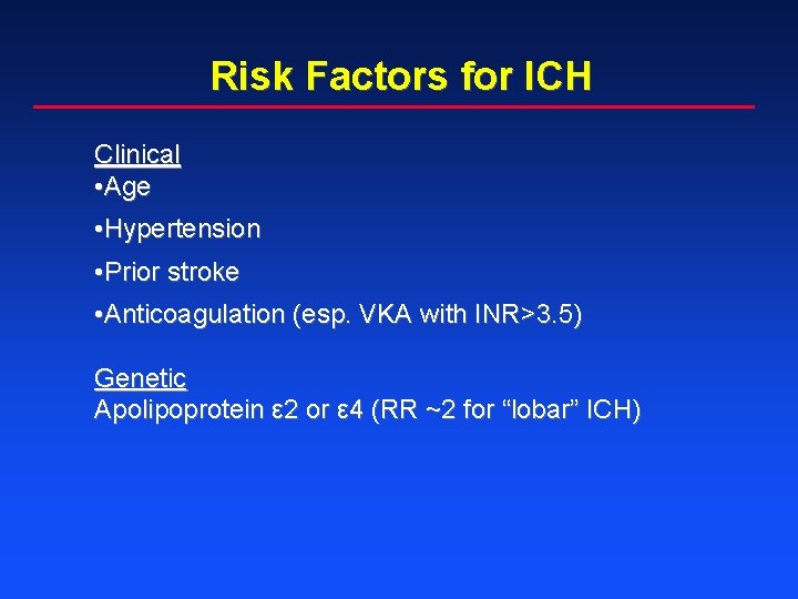 Risk Factors for ICH Clinical • Age • Hypertension • Prior stroke • Anticoagulation