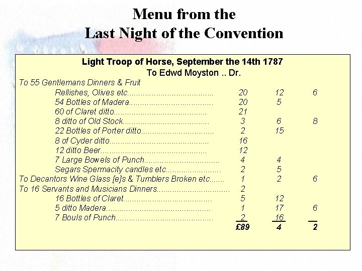 Menu from the Last Night of the Convention Light Troop of Horse, September the