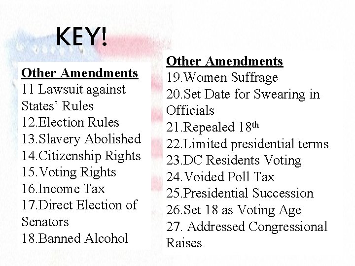 KEY! Other Amendments 11 Lawsuit against States’ Rules 12. Election Rules 13. Slavery Abolished