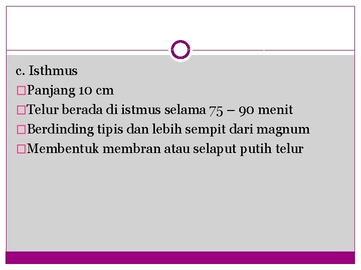 c. Isthmus �Panjang 10 cm �Telur berada di istmus selama 75 – 90 menit