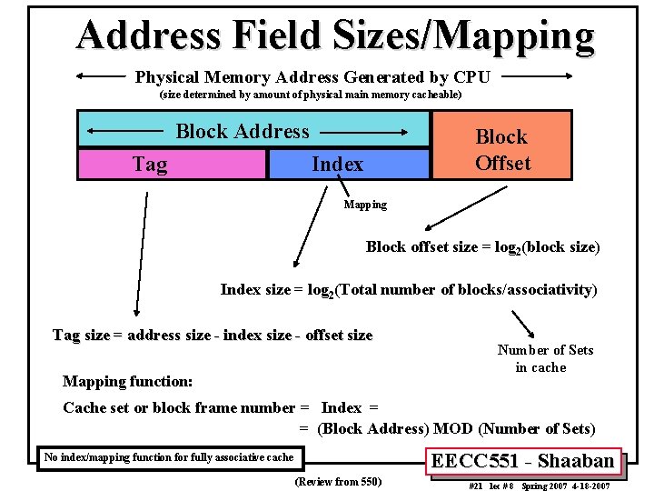 Address Field Sizes/Mapping Physical Memory Address Generated by CPU (size determined by amount of